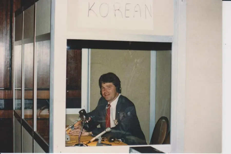 The interpretation booth &mdash; the sign above the window reads KOREAN