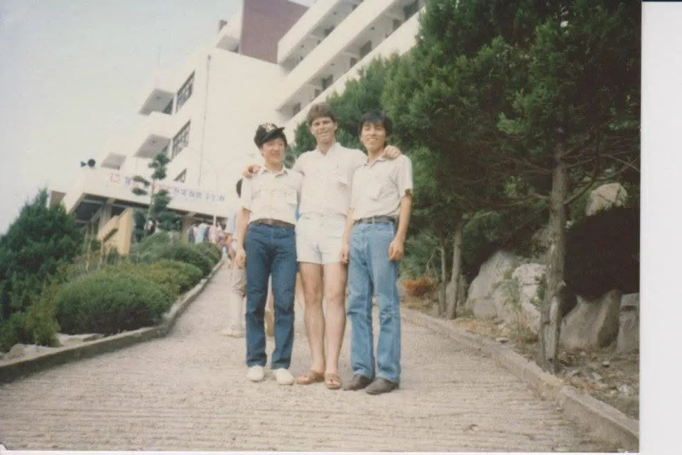 Jacob Song, Bill, and Samuel Song at YFC conference Busan c. 1985