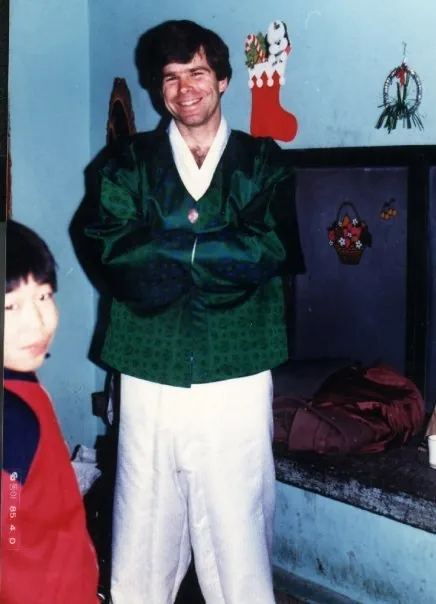 Bill in Korean hanbok at Hwarang Children's Home during Chuseok 1985