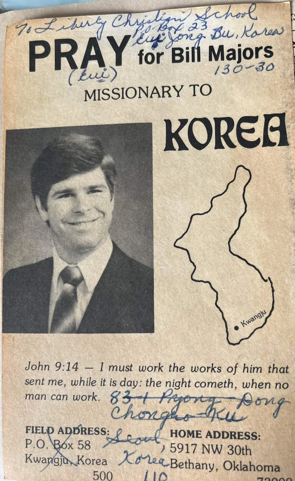 Pray for Bill Majors — Missionary to Korea prayer card