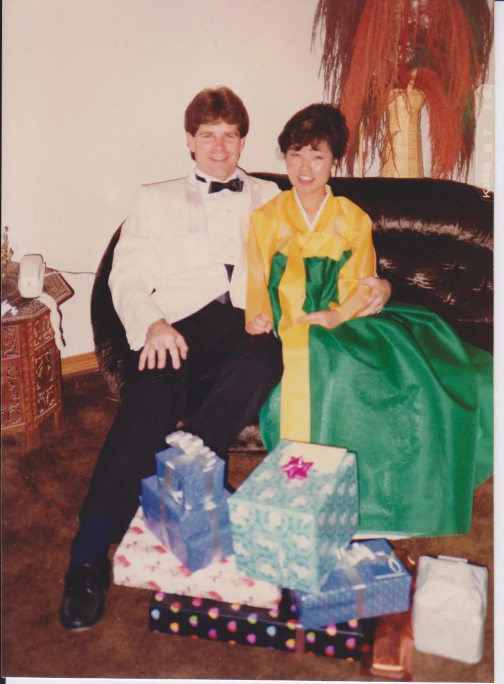 Bill and Jakyung at wedding reception Western Oaks Baptist Church November 1987